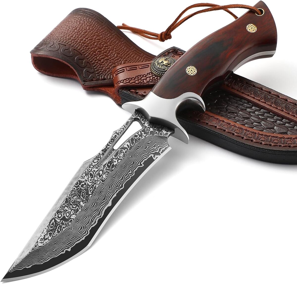 Couteau De Chasse Acier Damas Forgé Main + Étui – Camping Randonnée – Manche Bois