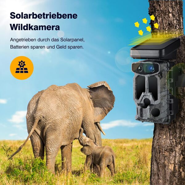 VOOPEAK Caméra de Chasse Solaire Double Objectif, Camera de Chasse WiFi 4K 30FPS 60MP Bluetooth avec Détection de Mouvement 0,1s Camera Chasse Vision Nocturne pour la Surveillance de la Faune