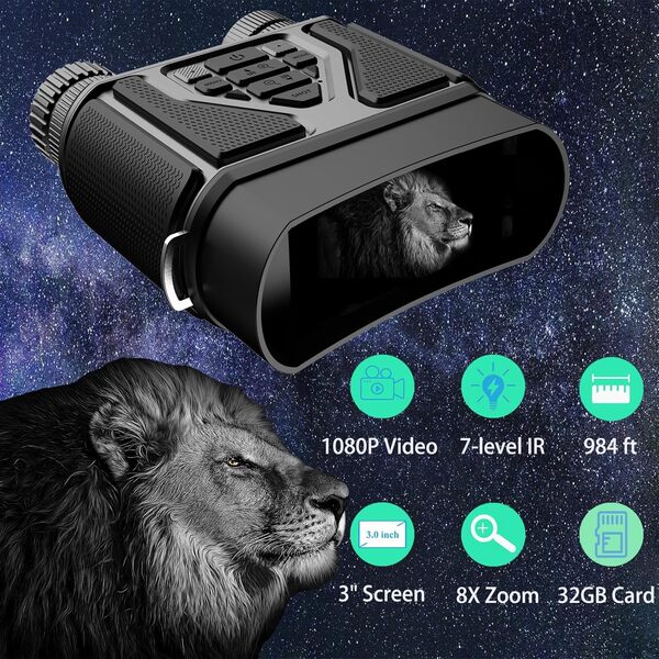 Lunettes de vision nocturne – Jumelles de vision nocturne pour adultes, cadeaux pour homme, mari, papa avec zoom 8x, équipement rechargeable 4000 mAh pour la chasse et le camping (noir)
