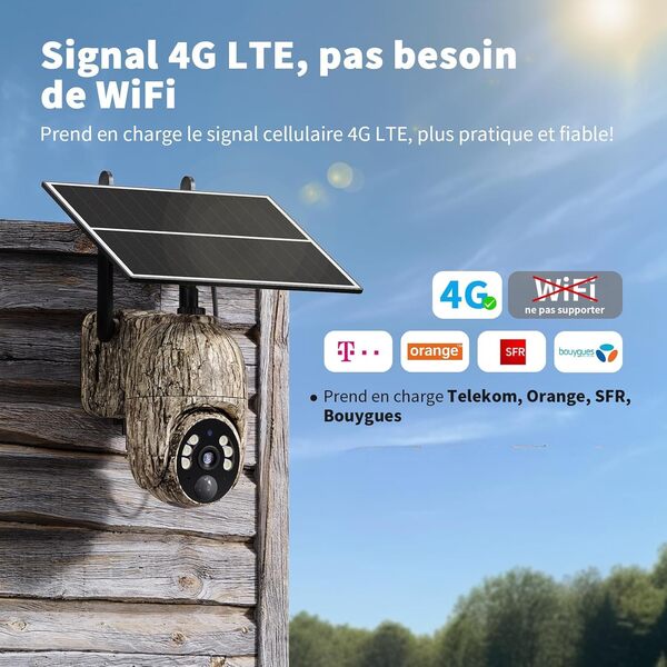 Caméra Surveillance 4G Solaire Autonome Extérieure – 2K HD, Batterie 10400mAh, Carte SIM Incluse, Audio Bidirectionnel, Vision Nocturne, Rotation 360°, IP66, Détection Mouvement – sans WiFi
