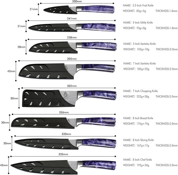 Fullhi Set de couteaux japonais 14 pièces avec manche violet Set de couteaux de cuisine en acier inoxydable allemand de haute qualité