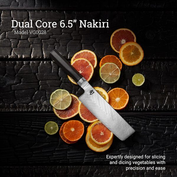 Shun Dual Core de 6,5 po. Nakiri avec Lame et Premium ébène en Acier Inoxydable pakkawood poignée Argent 6,5 Pouces