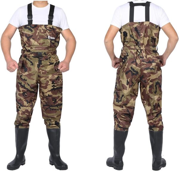 Ouzong Cuissardes à crampons en nylon et PVC 2 plis pour la pêche et la chasse - Légères et imperméables - Pour homme et femme - Vert et camouflage