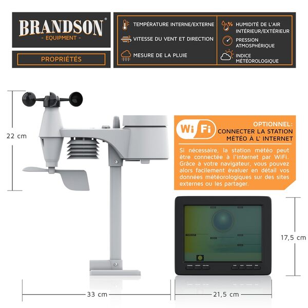 Brandson Station météo WiFi radio réveil avec capteur extérieur 5en1, weather station prévisions météorologiques anémomètre pluviomètre thermomètre hygromètre baromètre heure DST panneau solaire