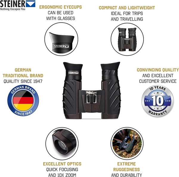 STEINER Jumelles Safari UltraSharp 10x26 - Optique de qualité Allemande, Zoom 10x, compacte, légère, idéale pour Les Voyages, la randonnée, Le Sport et l'observation de la Nature