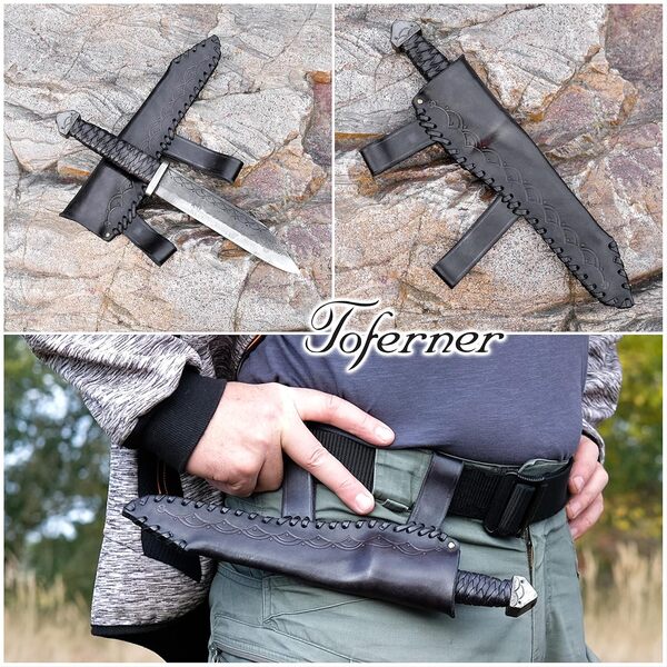 Sax - Vídar-Toferner Couteau forgé à la main en acier à ressort - Lame tranchante et pointue avec étui en cuir véritable marron - Longueur totale : 36 cm