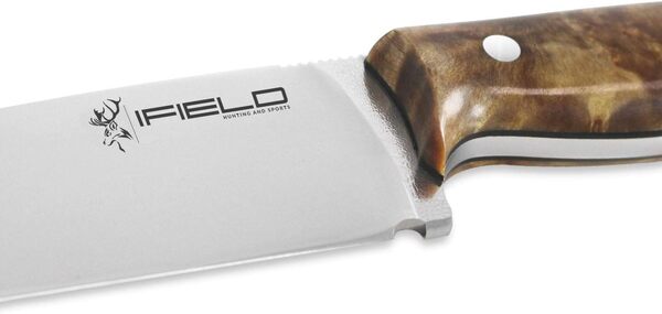 iFIELD EL29008 Couteau multifonctionnel de randonnée, de chasse et de survie pour l'extérieur, manche Racine de peuplier en finition polie avec entretoise noire, fourreau de transport multi-positions