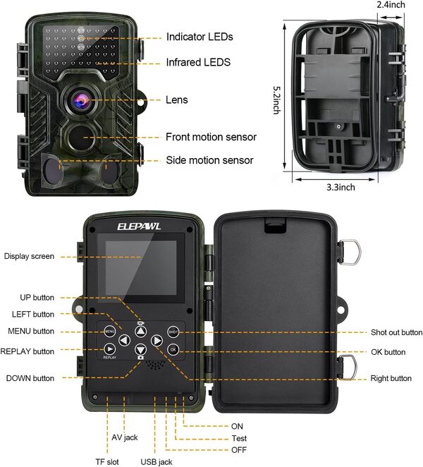 'Wild Appareil photo 1080P Full HD 12 MP caméra de chasse IP56 étanche 120 ° Largeur Vision infr Lanzarote 20 m Vision nocturne 2.4 LCD Caméra proie caméras