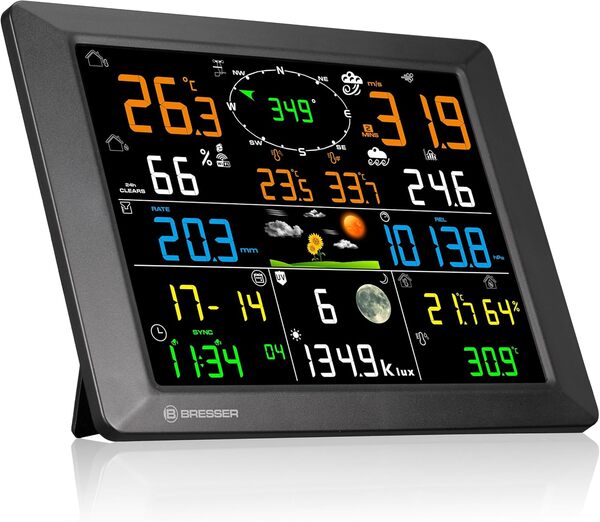 Bresser Station météo 1,5 km, Wi-Fi, capteur extérieur 7 en 1, solaire, UV, vent, pluie, téléchargement Wi-Fi, alarme, climat intérieur/extérieur