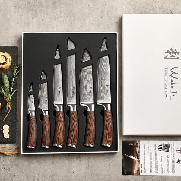 Wakoli Set de 6 couteaux en acier Damas, lames à 67 couches, noyau VG10, manches en bois de pakka, couteaux de cuisine professionnels