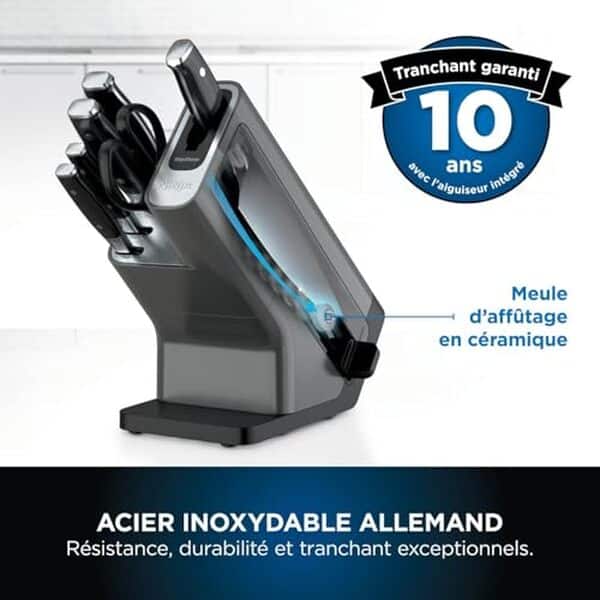 Découvrez le bloc-couteaux Ninja Foodi StaySharp : innovation avec affûteur intégré et acier inoxydable pour une cuisine toujours prête.